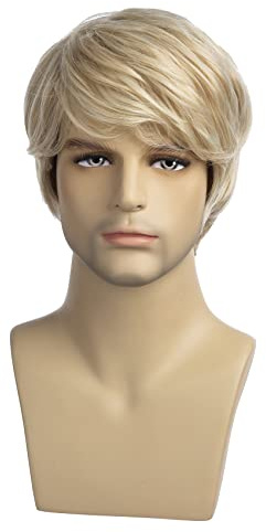 Baruisi Mens Short Blonde Wig Natural Blonde Heat Resistant Synthetic Hair Wig for Male