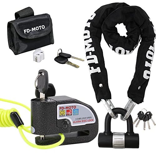 FD-MOTO 1M*10mm 2.4KG Steel Motorcycle Chain Lock Padlock + 110dB Black Alarmed Motorbike Brake Disc Lock + 1.5M Cable