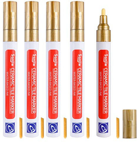 5PCS Tiles Grout Pen, Grout Pen Silver for Tiles, Waterproof Grouting Pens, Floor Grout Restorer with Replacement Nib Tip, for Restoring Tile Gap Floor Kitchen Bedroom Bathroom Balcony Wall (Golden)