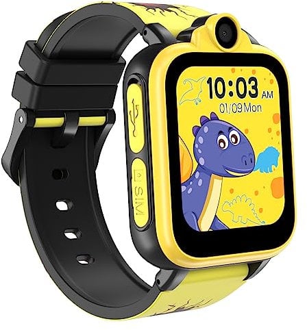 IOWODO Montre Connectée Appel Enfant, avec Caméra, SOS, Musique, Carte SD Intégrée,SIM 2G,18 Jeux de Puzzle, Alarme pour Garçons Filles 3-12 Ans (Jaune)