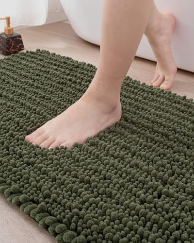 DEXI Badematte, saugfähig, weich, dick, Chenille-Bodenmatte, rutschfest, maschinenwaschbar, zotteliger Badteppich für Badewanne, Duschraum, Badezimmerzubehör, Dekor, 50,8 x 81,3 cm, Olivgrün