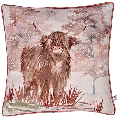 Dreams & Drapes - Hochlandkuh-Kissen (43 x 43 cm) – Kissen Bauernhaus-Kühe – rot kariert/Biber Kissen – Wildtier-/Wald-Kissen –