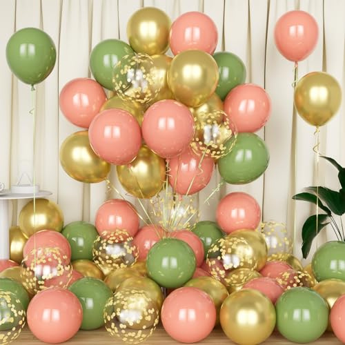Eitolo Sage Green Pink Balloon, 50PCS 12 Inch Retro Pink Green Gold Balloons with Gold Confetti Balloons for Safari Theme Birthday Party Baby Shower Wedding Anniversary Party Decoration