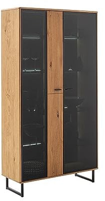 Lomadox Vitrinenschrank Vitrine 2-türig mit Beleuchtung in Wildeiche geölt (teilmassiv) mit anthrazit, B/H/T ca. 100/186/37 cm