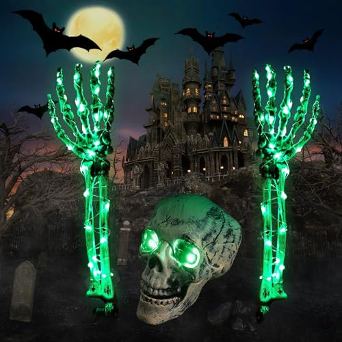 Halloween Deko Realistische Skeleton Skelettkopf + Handknochen + 5 Meter grüne Halloween Lichterkette, Schädel Dekorationen Outdoor Garten Friedhof Dekoration