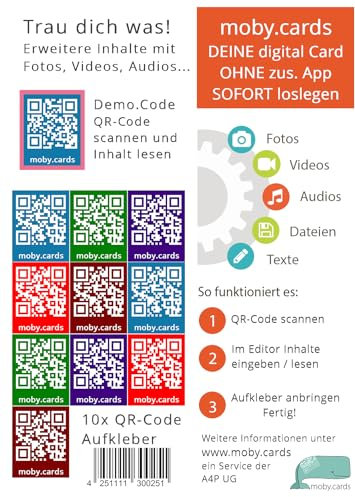 moby.cards - 10 QR-Code Sticker; verbinde deine Geschenke, Grußkarten, Gutscheine, Fotobücher, Tagebücher... mit deinen Videos, Fotos, Audios, Texten uvm. Farben: Blau, Grün, Rot