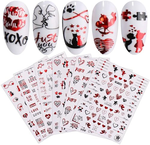 JMEOWIO Nagelsticker Valentinstag Herz 9 Blatt Nail Art Sticker Selbstklebend Nagelaufkleber Rot Schwarz Dekoration Nageldesign Zubehör