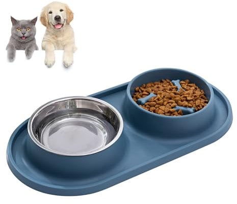 ABRVUAHM Slow Feeder Dog Bowls Non Slip, Stainless Steel Double Bowls Set Puppy Water and Food Bowl with Non-skid Silicon Mat Dog bowls to Slow Down Eating for Cats Puppies Dogs