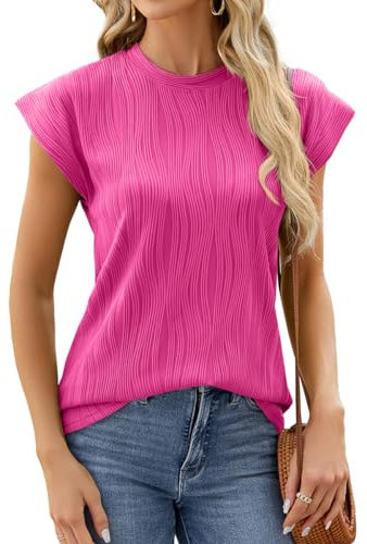 ABYOVRT Camisetas Mujer Cuello Redondo Camiseta de Manga Corta Verano Blusas Casual Sólido Camisa Suelta T-Shirt,Rosa,XL