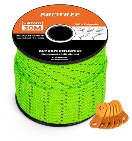 BROTREE Abspannseile Camping 30m Zeltschnur mit 6 x Spanner 4mm Reflektierend Abspannseile mit Seilspanner für Zelt Camping Sonnensegel Vorzelt (Neon Grün)