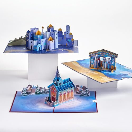 Lovepop® Christliche Weihnachten 3er Set 3D Pop-Up Karten Weihnachtskarten | mit Versteckfach für Geldgeschenke & Gutscheine | inkl. Umschlag | Ausziehbare Notizkarte
