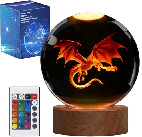 POSSHE Drachen-Nachtlicht, 3,15 Zoll (80mm) Kristallkugel 3D-Lampe mit Fernbedienung 16 Farbe für Geburtstag Weihnachten coole Figuren Drachen Geschenke für Zimmer Dekoration Jungen Mädchen