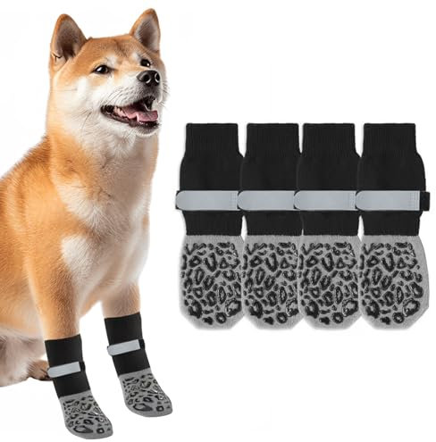 4er-Pack Hundesocken Leckschutz Antirutschsocken Hund Hunde Socken Anti Rutsch Socken Hund Hunde Stoppersocken mit Verstellbarem Riemen für Innenböden (Schwarzes Leopardenmuster, Größe M)
