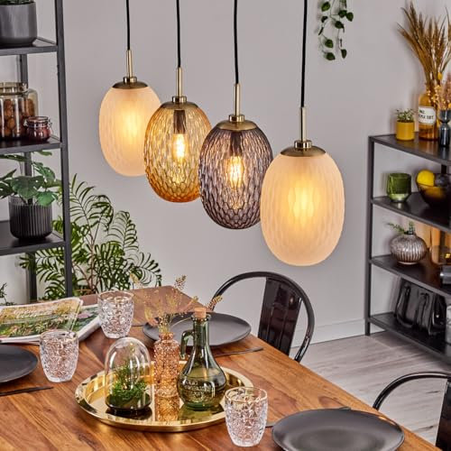 HOFSTEIN Hängeleuchte Nyberget, 4-flammige Hängelampe aus Metall/Glas in Messing/Rauch/Weiß/Bernstein, Retro/Vintage-Design (Ø 15 cm), E14, Pendelleuchte max. 128 cm, Esszimmer, Wohnzimmer, Küche