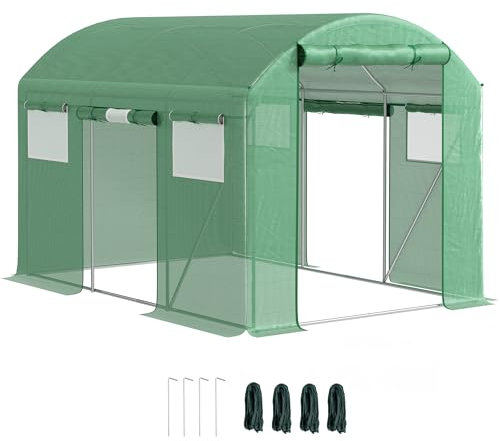 Outsunny 3 x 2 x 2m Polytunnel Greenhouse with 3 Roll-up Doors and Mesh Windows, Walk-in Garden Tunnel Warm House Tent with UV-resistant PE Cover and Galvanised Steel Frame, Green