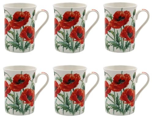 Tamersgifts Fine China Floral Mugs, 300ml Capacity, Set of 6, Assorted Garden Flower Designs (6 Poppy Coffee Mugs)