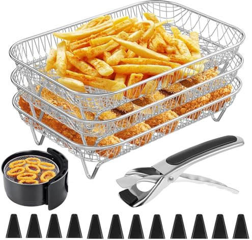 3er Set Stapelbare Genussgitter für Airfryer, Gryller Heißluftfritteuse Backblech mit Zangen, Airfryer Rack, Zubehör für Heißluftfritteuse Fryer Accessories (Rechteck)