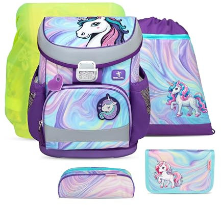 Belmil ergonomischer Schulranzen Set 5-teilig mit Regenschutz 1, 2 Klasse Grundschule/Super Leicht 800-860 g/Brustgurt 405-33/AG/S/R (Unicorn Dream)