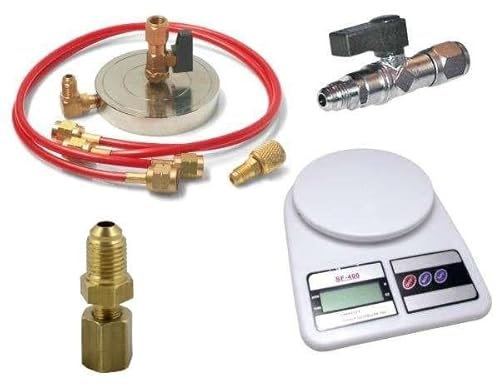 GASFRIGO® - Supporto piattello universale 1/4 e 5/16 per bombola gas refrigerante + Bilancia elettronica 5 kg + Rubinetto passo sinistro R32 + raccordo per r600a