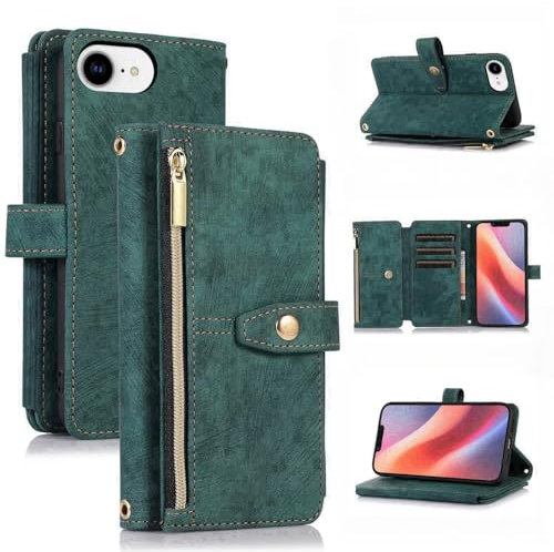 UEEBAI Wallet Case for iPhone 16e 6.1, 9 Card Slots Retro Leather Wallet Shockproof Flip Cover with Hand Strap Card Slots Zipper Pocket Kickstand Handbag Magnetic Closure - Retro Green
