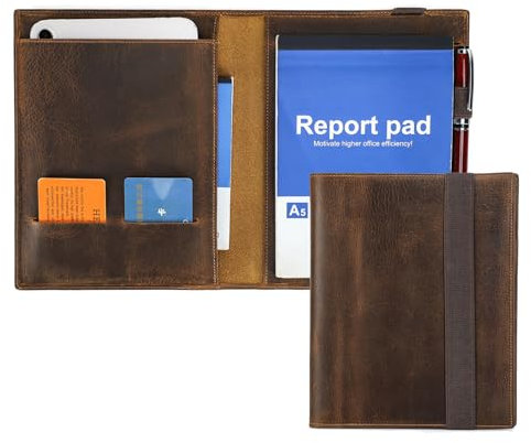 Contacts Portefeuille d'affaires en cuir pour homme et femme avec bande élastique compatible avec cartes, stylo, bloc-notes mini, documents A5/B5 (A5-Fit iPad mini 7,9/8,3)