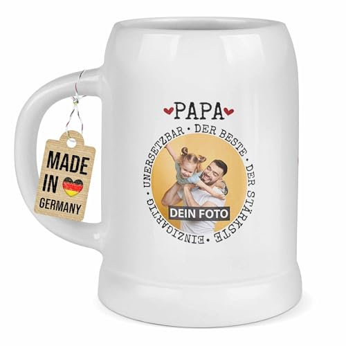 Tassendruck Bierkrug mit Foto personalisieren - Synonyme für Papa - Vatertagsgeschenk, Geschenk zum Geburtstag, Bier Geschenke, Keramik Weiß, 500 ml