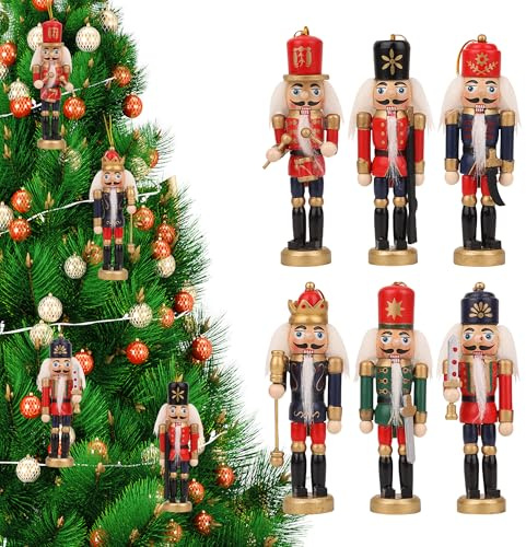 WedDecor Set of 6 Small Nutcracker Soldiers – 13cm Classic Wooden Figurines with Hanging Loops for Christmas Tree Decor, Holiday Garlands & Festive Home Displays