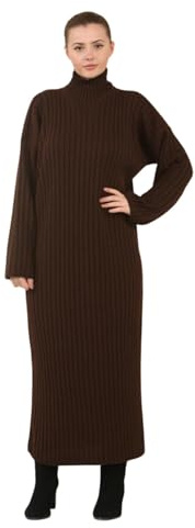 janisramone® Womens Ribbed Knitted Maxi Dress Funnel High Neck Long Sleeve Jumper Dress Warm Pull Over Comfortable Long Knitted Jumper Dresses Brown