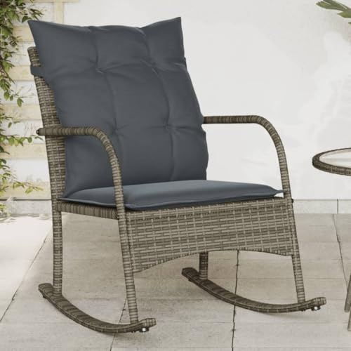 Hoopleep Garten-Schaukelstuhl mit Kissen, Grau Poly Rattan, 60x87x80 cm, für Outdoor Terrasse, 110 kg Belastbarkeit