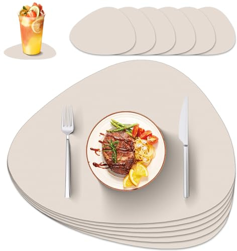 IKWOLETI Set de Table Réversible en Simili Cuir Végétalien avec sous Verre - Résistant à l'eau, Facile à Nettoyer, Protection Thermique jusqu'à 212°F (100°C), Idéal pour Cuisine et Bureau, Lot de 6