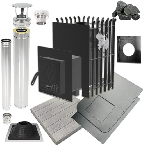 Saunaofen Set für Holz 16,5 kW mit Kamin und Abdeckungen Außen- oder Innenbeladung Montageset 80 kg Steine Diabaz Stahl 3 mm 6-12 m³ (Ofen Ladung von Außen)