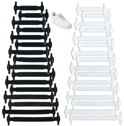 MUNZE 16 Paia (32 Pezzi) Lacci Scarpe Elastici Nero E Bianco Silicone Impermeabili - Taglia Unica 8 Misure Per Adulti Bambini Sneaker Casual