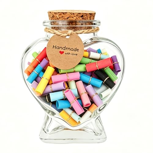 PUQGAOIP Romantic Message in a Bottle Glass Jar of Hearts Set, 50 Blank Colourful Scrolls & Star Sequins DIY Keepsake Kit, Unique Boyfriend Giftes and Sentimental Present for Him, 7.4x6.3cm Geschenke