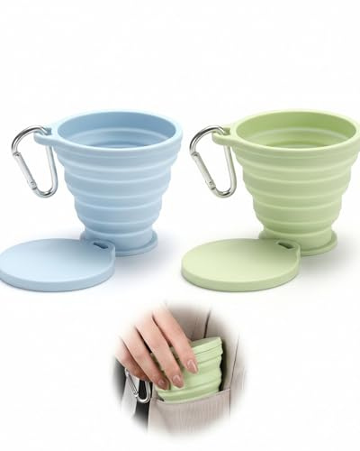 YIPFEN Vasos Plegables de Silicona, 2x180ML, Azul y Verde, con Tapa Antiderrames, Sin BPA y Apto Uso Alimentario. Ideal para Viajes, Camping, Oficina, Reutilizables.