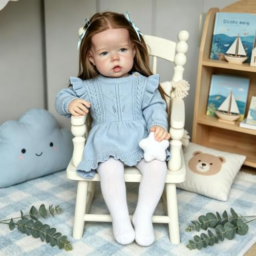ROSHUAN Realistische Reborn-Kleinkindpuppen Mädchen 70 cm große Reborn-Babypuppen, Lebensechte Babypuppe mit Langen Haaren Naturgetreuen Kleinkind Puppe Weichem Stoffkörper für Kinder
