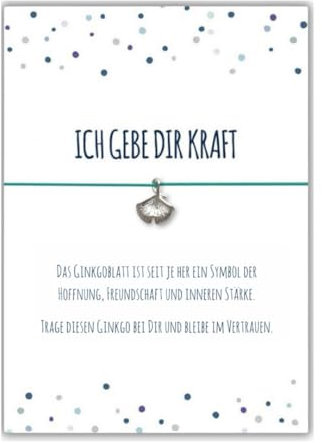 Glücksschmiedin – Spruchkarte „Ich gebe dir Kraft“ mit Wunscharmband & Ginkgo-Anhänger – Mutmacher & Glücksbringer für schwere Zeiten – Handgefertigt in Deutschland