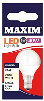 Maxim LED Light Bulbs (Pack of 10) - Round - Cool White - Small Edison Screw Cap Bulbs (E14) - 6W Watt - 40MLRE14C5X10
