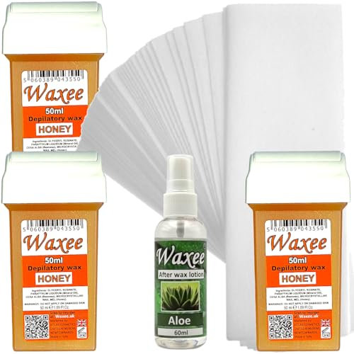 Waxee Cartouche de cire de rechange pour rouleau de cire Veet Easy Wax 50 ml Miel (3 x 50 ml roll-on + 25 bandes + lotion après cire)