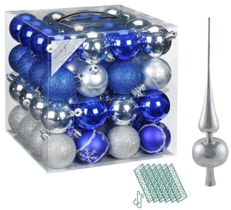 JACK 64x Kunststoff Christbaumkugeln Ø 6cm + Spitze 28cm inkl. Aufhänger Dekor Kugeln Set Weiß Rot Gold Grün Blau Silber, Farbe:Blau-Silber