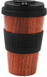 IDRINK® - Tasse à café RPET avec bouchon en silicone ouvrant, facile à porter 435 ml, Mug à emporter en plastique recyclé 8.7 x 8.7 x 15 cm ergonomique 435 ml (WOOD)