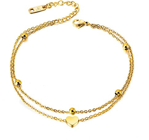 Kim Johanson Edelstahl Damen Fußkettchen *Zoe* in Silber, Gold & Roségold | Zweireihige Fußkette mit Kugeln & Herz Anhänger | Coins | Frauen Boho Schmuck | Wasserfest | Verstellbar inkl. Schmuckbeutel