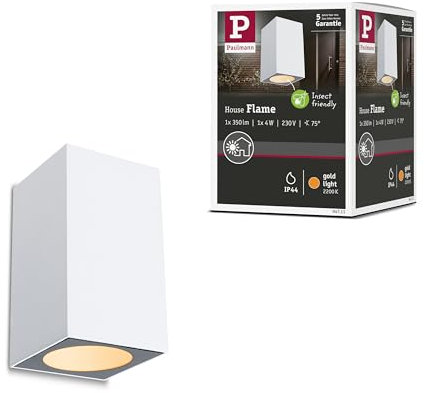 Paulmann 94711 LED Außenleuchte Wandleuchte Flame insektenfreundlich IP44 eckig 58x103mm 2200K 4W 265lm 230V 75° Weiß Metall Goldlicht