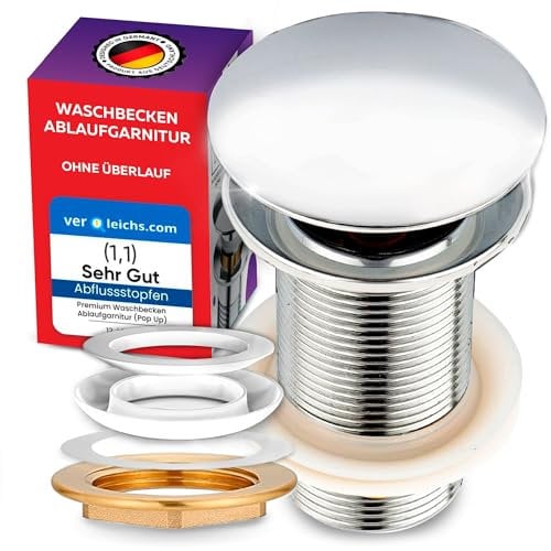 M. ROSENFELD HOME Ablaufgarnitur Waschbecken OHNE Überlauf Chrom - Ablaufventil Pop Up 1 1/4 zoll aus Edelstahl & Messing für Waschtisch - Abflussgarnitur Waschbecken Pop-Up Ventile - Einfacher Einbau