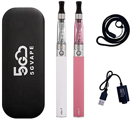5GVAPE eGo T 1100mAh Rechargeable Battery Electronic Cigarette 2 Packs eGo CE4 Atomizer Refillable Shisha Starter Kit|E Cigarettes Vape Pens Vaporiser Kit|No E-Liquid No Nicotine (White Pink)