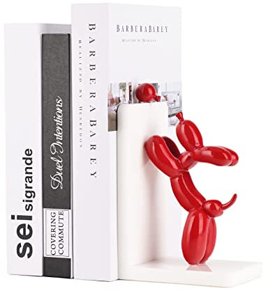ZHANYUN Harz Ballonhund Buchstützen, Moderne Hundestatue, Buchstützen Regal, Schwere Buchstütze zum Halten von Büchern, Bücherregal, Büro, Zuhause(Rot-1)