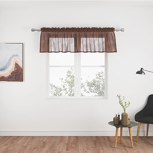 UPOPO Cantonnière marron de 35,6 cm de long pour salon, chambre à coucher, cuisine, voilage texturé en lin transparent pour petite porte courte, traitement de fenêtre, 1 panneau avec passe-tringle