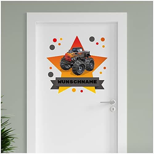 Finest Folia personalisierbarer Türaufkleber Wandtattoo Kinderzimmer für Tür Wand Mädchen Jungen Wandaufkleber mit Wunschname Wunschtext Türschild Aufkleber (06 Monster Truck)