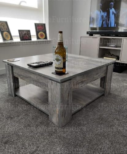 Wooden Coffee Table Square Grey Furniture Rustic Living Room Large 3D Storage Shelf Vintage Industrial Style Plant Lamp Stand Large Side Sofa End Unit