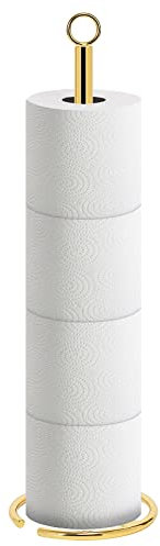 NearMoon Bath Toilet Paper Holder Stand, Free Standing Tissue Paper Storage with Reserve, Space Toilet 4 Rolls Holder for Bathroom/Kitchen Countertop-All Metal (1 Pack, Chrome Gold)