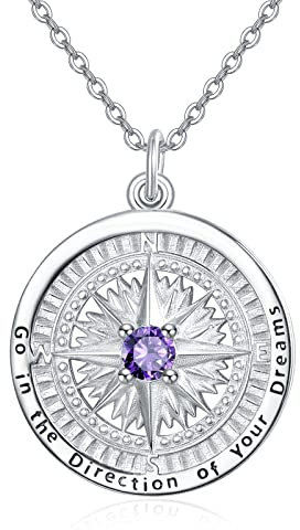 KINGWHYTE Kompass Halskette 925 Sterling Silber Geburtsstein Anhänger Go in the direction of your dream Compass Schmuck Hochzeit Jahrestag Abschluss Geschenke für Frauen Frau Freundin